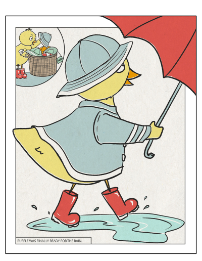 Digital illustration yellow duck in red rain boots with red umbrella.
