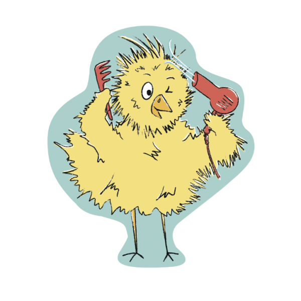 Sticker of a yellow chicken blow drying its feathers on a blue background