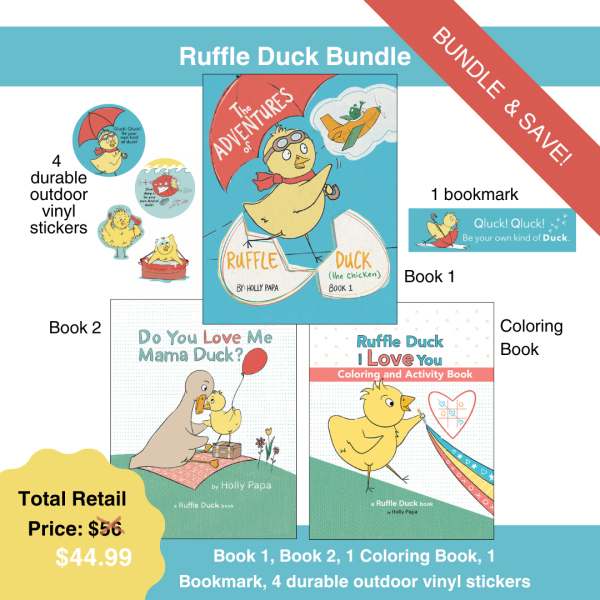 Picture shows 3 Ruffle Duck the chicken picture books with 4 ruffle duck stickers and a bookmark.